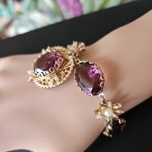 Vintage Purple Glass and Faux Pearl Flower Bracelet